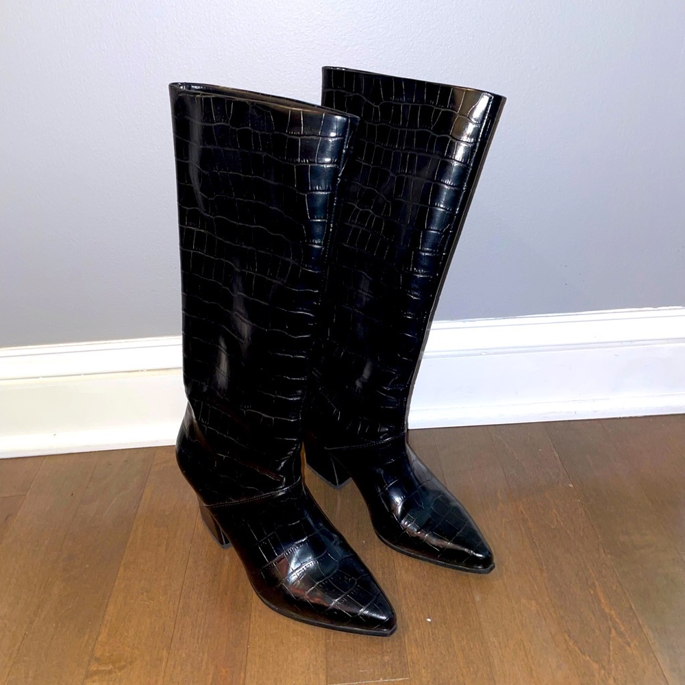 COPY - MANGO 7.5 croc-effect heeled boots, 8cm heel, mid-calf rise